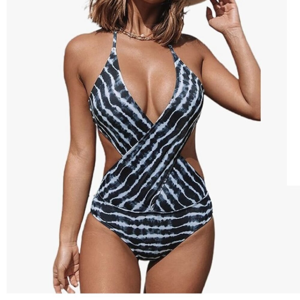 V Neck Front Cross One Piece Swimsuit Halter Tie Back